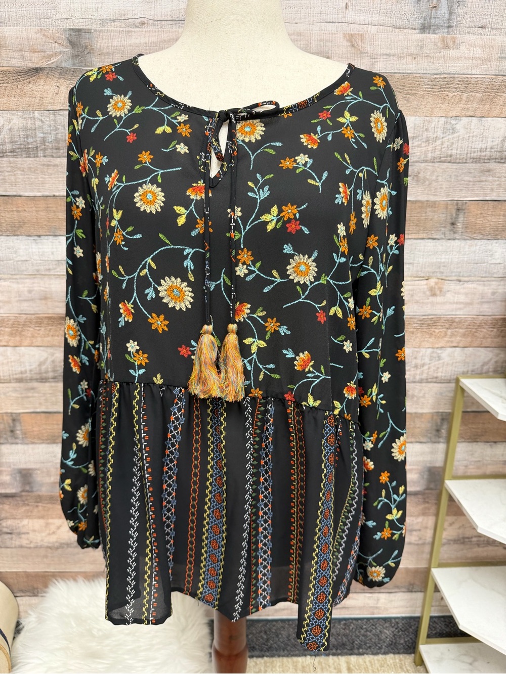 Chenault Black Orange Floral Print Peasant w/Peplum